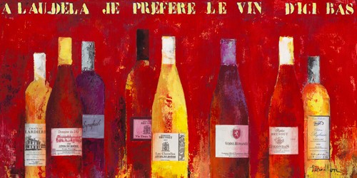 Françoise Persillon, Sélection de ma cave II (Wunschgröße, Malerei, Modern, Flasche, Weißwein, Rotwein Wein, Auswahl, Selektion, Weinkeller, Gastronomie, Bistro, Restaurant, Vinothek, Esszimmer, Wohnzimmer,  rot)