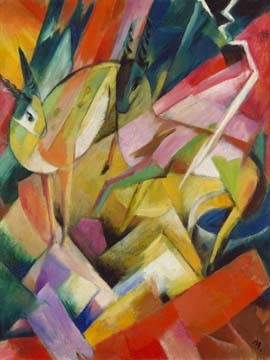 Franz Marc, Bergziegen (Wunschgröße, Malerei, Expressionismus, Bergziegen, Tiere, Freiheit, Klettertiere, figurativ, Landschaft, Berge, klassische Moderne, Wohnzimmer, Arztpraxis, Treppenhaus,  bunt)