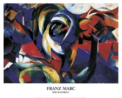 Franz Marc, Der Mandrill, 1913 (Malerei, Expressionismus, Landschaft, Affe, Urwald, dynamisch, Chaos, figurativ, klassische Moderne, Wohnzimmer, Arztpraxis, Treppenhaus, bunt)