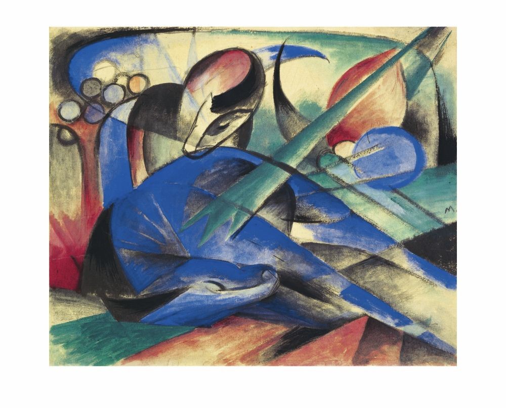 Franz Marc, Dreaming Horse (Malerei, Expressionismus, schlafende Pferde,träumende Pferde, Tiere, figurativ, Landschaft, klassische Moderne, Wohnzimmer, Arztpraxis, Treppenhaus,  bunt)