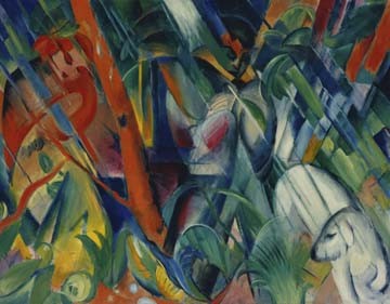 Franz Marc, Im Regen (Malerei, Expressionismus, Wald, Lamm, Schutz, Versteck, Tier, Bäume, klassische Moderne, Wohnzimmer, Arztpraxis, Treppenhaus, Schlafzimmer, bunt)