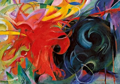 Franz Marc, Kämpfende Formen (Wunschgröße, Malerei, Expressionismus, abstrakte Malerei, Kämpfende Formen, Adler, Vogel, klassische Moderne, Wohnzimmer, Arztpraxis, Treppenhaus, bunt)