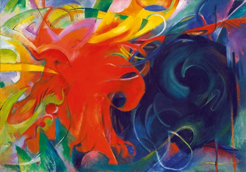 Franz Marc, Kämpfende Formen (Wunschgröße, Malerei, Expressionismus, abstrakte Malerei, Kämpfende Formen, Adler, Vogel, klassische Moderne, Wohnzimmer, Arztpraxis, Treppenhaus, bunt)