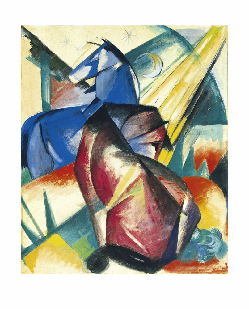 Franz Marc, Two Horses Red And Blue (Malerei, Expressionismus, Pferde, Herde, Landschaft, Sonnenstrahlen, Tiere, figurativ, klassische Moderne, Wohnzimmer, Arztpraxis, Treppenhaus, blau, rot,  bunt)