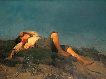 Franz Von Lenbach, Hirtenknabe (Klassische Malerei, Landschaft, Junge, schlafender Junge, Münchener Realismus, Schlafzimmer, bunt)