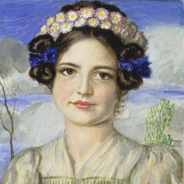 Franz von Stuck, Bildnis der Tochter Mary (Portrait, Frau, Tochter, Haarkranz, Blumenkranz,  Jugendstil, Wunschgröße, Klassiker, Wohnzimmer, Treppenhaus, Malerei, bunt)