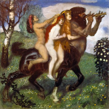 Franz von Stuck, Spazierritt (Kentaurus, Flöte, Frauen, nackt, Akt, Mythologie, Symbolismus, Wohnzimmer, Klassiker, Wunschgröße, Malerei, bunt)