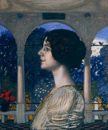 Franz von Stuck, Weibliches Portrait (Portrait, Frau, Profil, Terrasse, Veranda, Garten, Jugendstil, Wunschgröße, Klassiker, Wohnzimmer, Treppenhaus, Malerei, bunt)