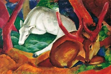 Franz Marc, Hirsche im Wald (Wunschgröße, Malerei, Expressionismus, Hirsche, Wald, ruhende Hirsche, Geweih, Tiere, Herde, figurativ, Landschaft, Hügel, klassische Moderne, Wohnzimmer, Arztpraxis, Treppenhaus,  bunt)