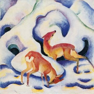 Franz Marc, Rehe im Schnee (Wunschgröße, Malerei, Expressionismus, Rehe, Tiere,Winterlandschaft, Schnee, Futtersuche, figurativ, Landschaft, Hügel, klassische Moderne, Wohnzimmer, Arztpraxis, Treppenhaus,  bunt)