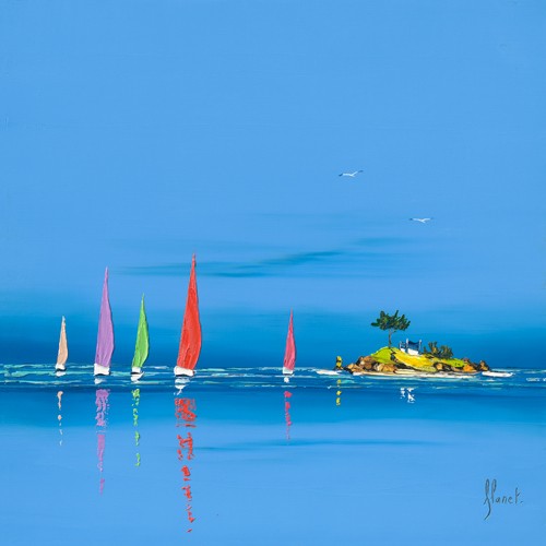 Frédéric Flanet, Jour de rgate II (Wunschgröße, Malerei, Moderne Malerei, Meeresbrise, Landschaften, Meer, Insel, Haus, Segelboote, bunte Segel, Regatta, Spiegelung, Reflexion, Bretagne, Frankreich, Atlantik, Wohnzimmer, Treppenhaus, blau / bunt)