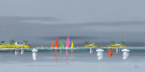 Frédéric Flanet, Reflets marins (Wunschgröße, Malerei, Moderne Malerei, Meeresbrise, Landschaften, Meer, Küste, Haus, Segelboote, bunte Segel, Spiegelung, Reflexion, Bretagne, Frankreich, Atlantik, Wohnzimmer, Treppenhaus, grau / bunt)