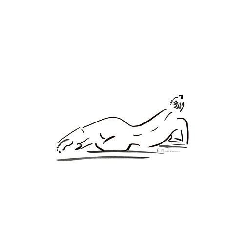 Frédérique Marteau, Nu allong I (Wunschgröße, Zeichnung, Akt, nackte Frau, Rückenakt, liegend, modern, Strichzeichnung, Schlafzimmer, Treppenhaus, schwarz / weiß)
