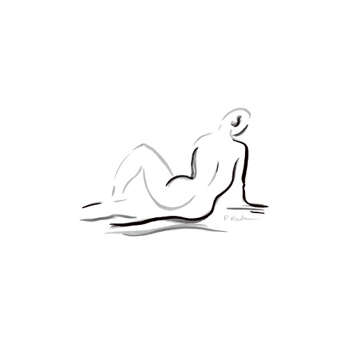 Frédérique Marteau, Nu allong II (Wunschgröße, Zeichnung, Akt, nackte Frau, Rückenakt, liegend, modern, Strichzeichnung, Schlafzimmer, Treppenhaus, schwarz / weiß)