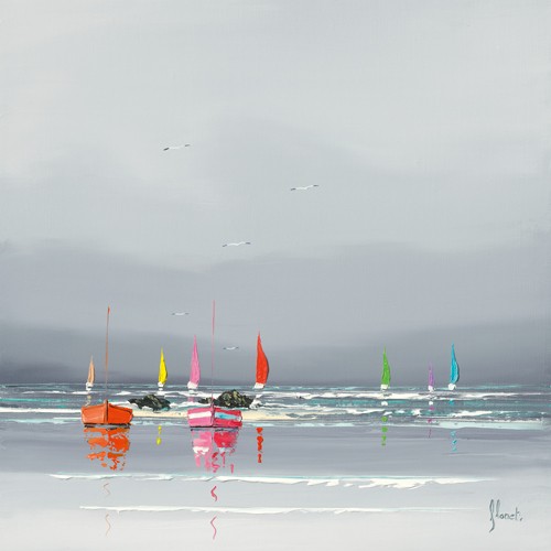 Frédéric Flanet, Avant l´orage I (Moderne Malerei, Meeresbrise,  Meer, diffus, Dunst, Segelboote, Boote, Spiegelung, Reflexion, Bretagne, Frankreich, Atlantik, Wohnzimmer, Treppenhaus, Wunschgröße, grau / bunt)