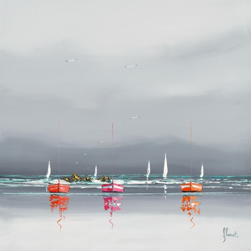 Frédéric Flanet, Avant l´orage II (Malerei, Moderne Malerei, Meeresbrise,  Meer, diffus, Dunst, Segelboote, Boote, Spiegelung, Reflexion, Bretagne, Frankreich, Atlantik, Wohnzimmer, Treppenhaus, Wunschgröße, grau / bunt)