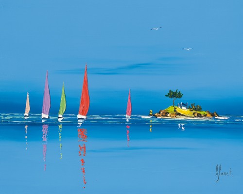 Frédéric Flanet, Jour de régate II (Malerei, Moderne Malerei, Meeresbrise, Landschaften, Meer,Insel, Segelboote, bunte Segel, Regatta, Spiegelung, Reflexion, Bretagne, Frankreich, Atlantik, Wohnzimmer, Treppenhaus, 
blau / bunt)