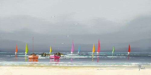 Frédéric Flanet, La plage (Moderne Malerei, Meeresbrise,  Meer, Segelboote, Boote, Spiegelung, Reflexion,Strand, Sand, Frankreich, Atlantik, Wohnzimmer, Treppenhaus,grau / bunt)