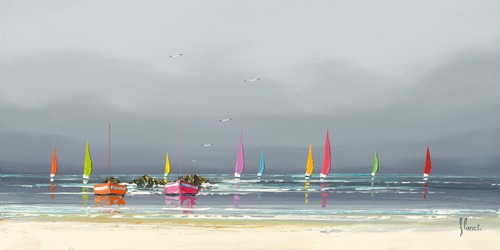 Frédéric Flanet, La plage (Malerei, Moderne Malerei, Meeresbrise,  Meer, Strand, diffus, Dunst, Segelboote, Boote, Spiegelung, Reflexion, Bretagne, Frankreich, Atlantik, Wohnzimmer, Treppenhaus, Wunschgröße, grau / bunt)