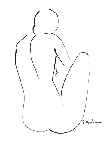 Frédérique Marteau, Aurély (Zeichnung, Akt, nackte Frau, Rückenakt,sitzend, modern, Strichzeichnung, Schlafzimmer, Treppenhaus, schwarz / weiß)
