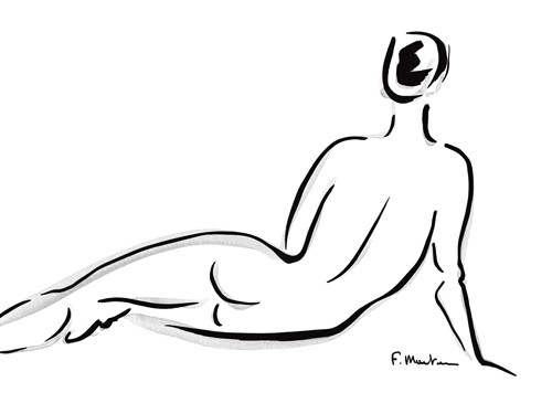 Frédérique Marteau, Cathy (Zeichnung, Akt, nackte Frau, Rückenakt,liegend, modern, Strichzeichnung, Schlafzimmer, Treppenhaus, schwarz / weiß)