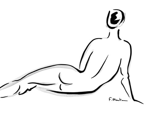 Frédérique Marteau, Cathy (Wunschgröße, Zeichnung, Akt, nackte Frau, Rückenakt,liegend, modern, Strichzeichnung, Schlafzimmer, Treppenhaus, schwarz / weiß)