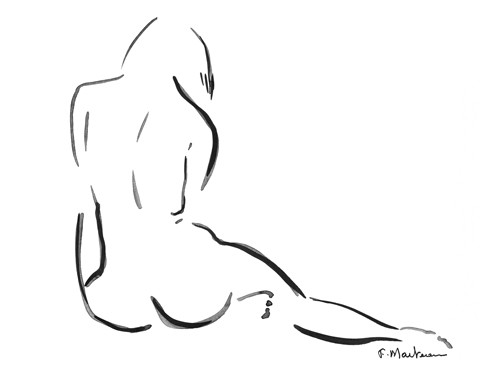 Frédérique Marteau, Lilly (Zeichnung, Akt, nackte Frau, Rückenakt, sitzend, modern, Strichzeichnung, Schlafzimmer, Treppenhaus, schwarz / weiß)