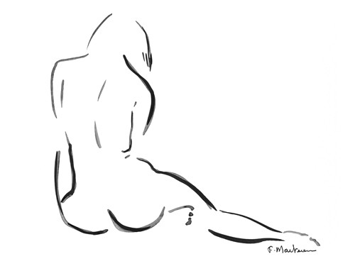 Frédérique Marteau, Lilly (Wunschgröße, Zeichnung, Akt, nackte Frau, Rückenakt,sitzend, modern, Strichzeichnung, Schlafzimmer, Treppenhaus, schwarz / weiß)