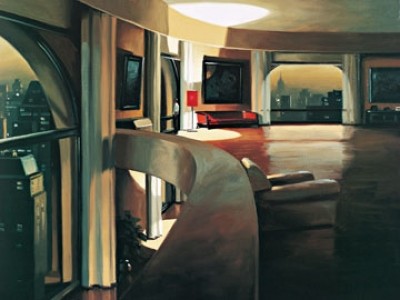 Denis Fremond, Anywhere (Malerei, Fotorealismus, Inneneinrichtung, Wohnraum, Interieur, Modern, elegant, Wohnzimmer, Büro, bunt)