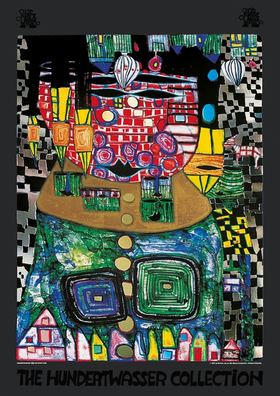 Friedensreich Hundertwasser, ANTIPODE KING (Malerei, Klassische Moderne, Abstrakt, Plakat, Figurativ, Person, König, geometrische Muster, abstrakte Formen, Wohnzimmer, Arztpraxis, bunt)