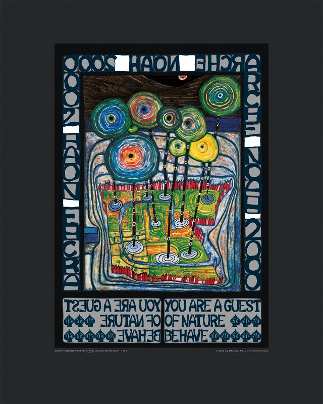 Friedensreich Hundertwasser, ARCHE NOAH (Malerei, Klassische Moderne, Plakat, Abstrakt, Boot, Schiff, Bäume, geometrische Muster, abstrakte Formen, Wohnzimmer, Arztpraxis, bunt)