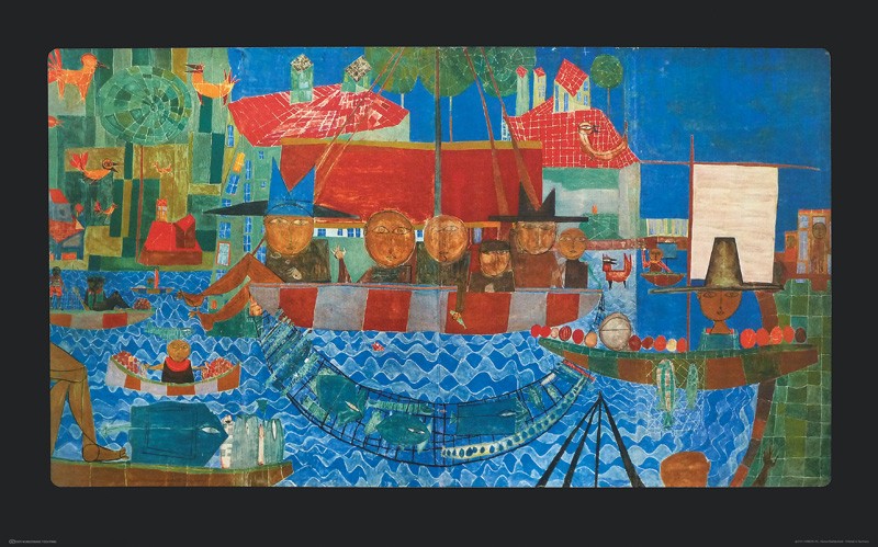 Friedensreich Hundertwasser, DER WUNDERBARE FISCHFANG (Granolitho) (Landschaft, See, Boot, Fischer, Netz, Fische,Fang,  geometrische Muster, abstrakte Formen, Malerei, Klassische Moderne,  Wohnzimmer, Arztpraxis, bunt)