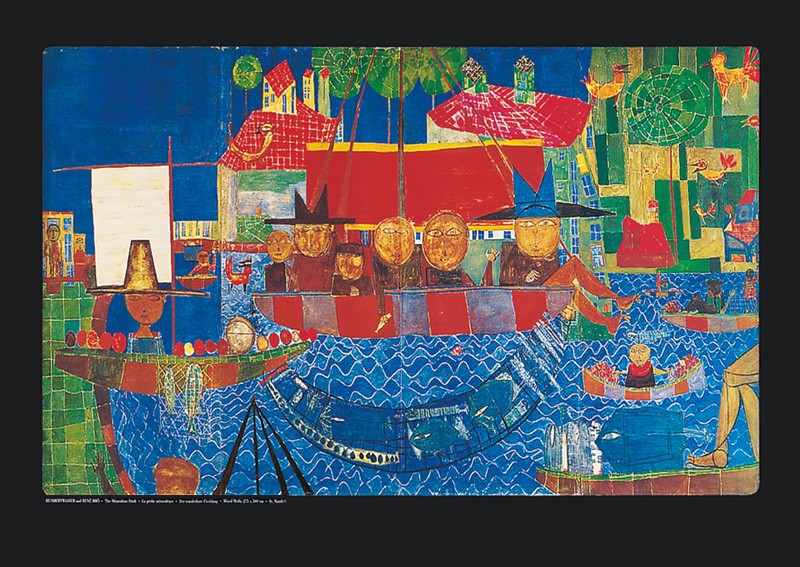 Friedensreich Hundertwasser, DER WUNDERBARE FISCHFANG (Malerei, Klassische Moderne,  Landschaft, See, Boot, Fischer, Netz, Fische,Fang,  geometrische Muster, abstrakte Formen, Wohnzimmer, Arztpraxis, bunt)