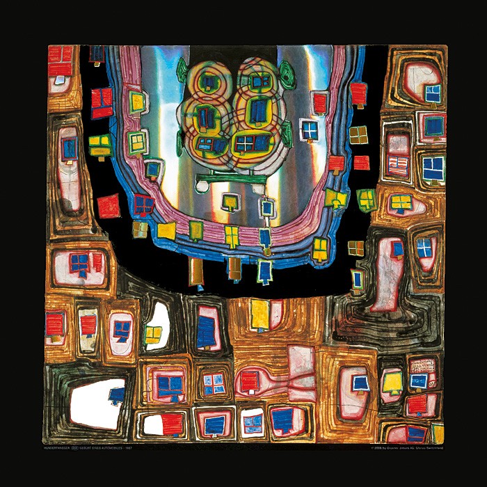 Friedensreich Hundertwasser, GEBURT EINES AUTOMOBILS (Malerei, Klassische Moderne, Abstrakt, Werkstatt, Auto, geometrische Muster, abstrakte Formen, Wohnzimmer, Arztpraxis, bunt)