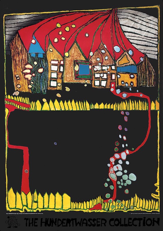 Friedensreich Hundertwasser, HÄUSER IM SCHNEE (Malerei, Klassische Moderne, Abstrakt, Landschaft, Häuser, Dorf, Winter, Schnee, Schneeflocken,geometrische Muster, abstrakte Formen, Wohnzimmer, Arztpraxis, bunt)