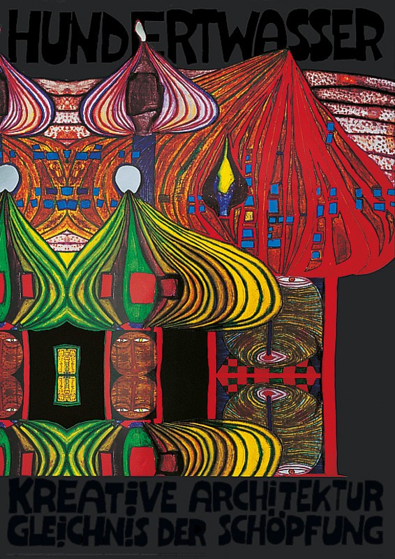 Friedensreich Hundertwasser, KREATIVE ARCHITEKTUR (Original Manifesto-Art-Prints) (Plakatkunst, Architektur, Zwiebeltürme, geometrische Muster, abstrakte Formen, Malerei, Klassische Moderne,  Wohnzimmer, Arztpraxis, bunt)