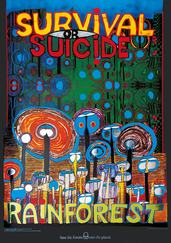 Friedensreich Hundertwasser, RAINFOREST (Malerei, Klassische Moderne, Abstrakt, Plakat, Naturschutz, Ökologie, Umweltschutz, Regenwald, Selbstmord, geometrische Muster, abstrakte Formen, Wohnzimmer, Arztpraxis, bunt)