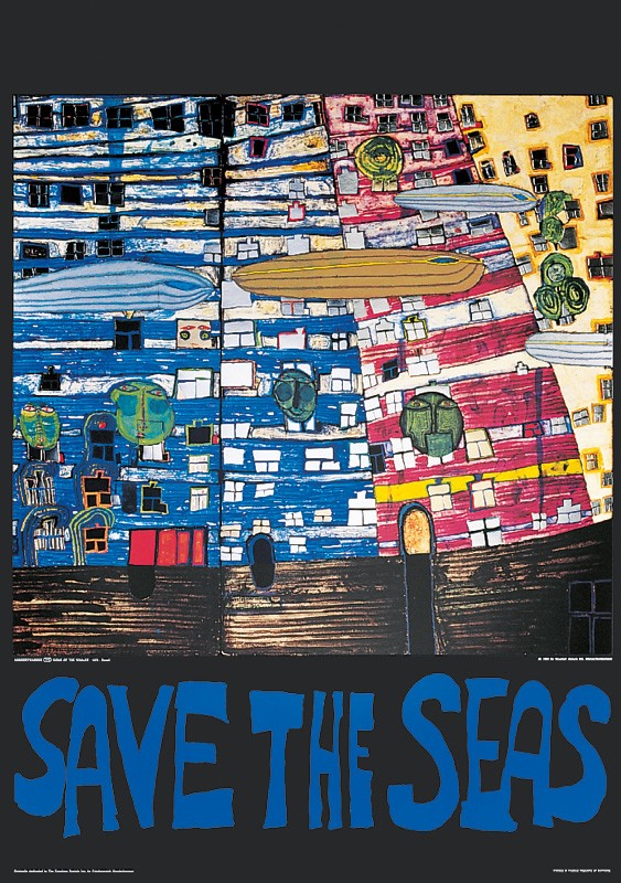 Friedensreich Hundertwasser, SAVE THE SEAS  (Malerei, Klassische Moderne, Abstrakt, Plakat, Naturschutz, Umweltschutz, Ökologie, Meer, Meerestiere, Wale,  geometrische Muster, abstrakte Formen, Wohnzimmer, Arztpraxis, bunt)
