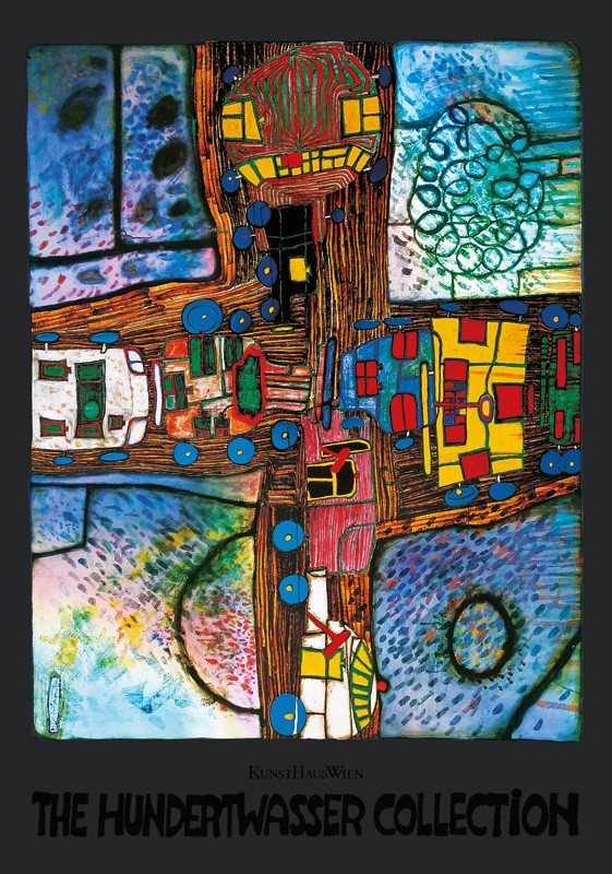 Friedensreich Hundertwasser, STRASSENKREUZUNG (Malerei, Klassische Moderne, Abstrakt, Straße, Verkehr, Autos, geometrische Muster, abstrakte Formen, Wohnzimmer, Arztpraxis, bunt)