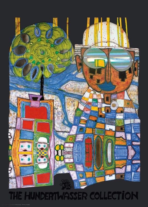 Friedensreich Hundertwasser, TROPENCHINESE (Malerei, Klassische Moderne, Abstrakt, Plakat, Nationalität, Mann, Chinese, Baum, Sonnenbrille, geometrische Muster, abstrakte Formen, Wohnzimmer, Arztpraxis, bunt)