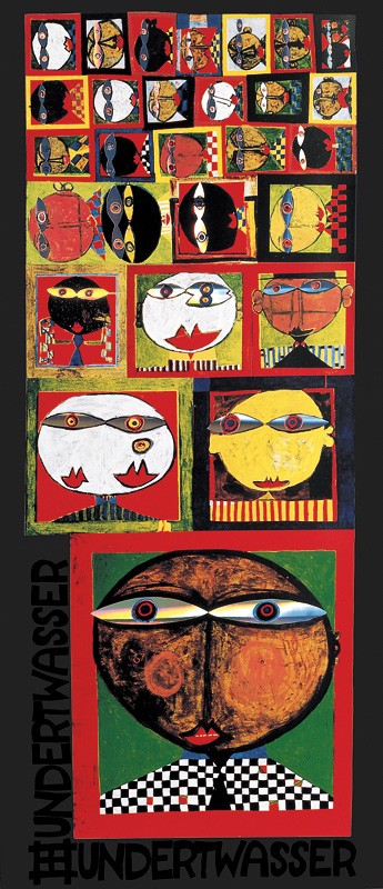 Friedensreich Hundertwasser, WE LIVE IN PARADISE (Originalposter) (Malerei, Klassische Moderne, Köpfe, International, Hautfarben, Antirassismus, Paradies, Gleichheit, Frieden, Wohnzimmer, Treppenhaus, Arztpraxis, bunt)