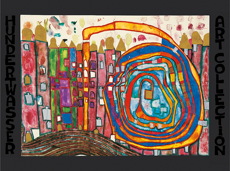 Friedensreich Hundertwasser, WHO HAS EATEN ALL MY WINDOWS (Malerei, Klassische Moderne, Abstrakt, Häuser, Fenster, Fressmaschine, geometrische Muster, abstrakte Formen, Wohnzimmer, Arztpraxis, bunt)