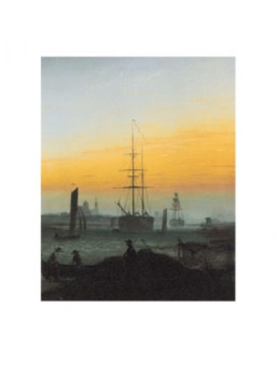 Caspar David Friedrich, Der Greifswalder Hafen (Meer, Hafen, Segelschiffe, Küste, Strand, Fischer, Sonnenuntergang, Meeresbrise, Klassiker, Wohnzimmer, Schlafzimmer, Malerei, Romantik, bunt)