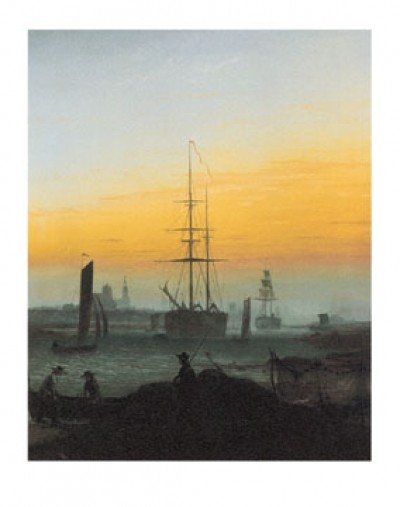 Caspar David Friedrich, Der Greifswalder Hafen (Meer, Hafen, Segelschiffe, Küste, Strand, Fischer, Sonnenuntergang,  Meeresbrise, Klassiker, Wohnzimmer, Schlafzimmer, Malerei, Romantik,  bunt)