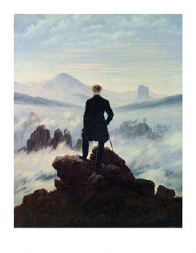 Caspar David Friedrich, Der Wanderer im Nebelmeer (Wanderer, Landschaft, Natur, Berge, Mann, Nebel, Gipfel,  Klassiker, Wohnzimmer, Treppenhaus, Malerei, Romantik, bunt)