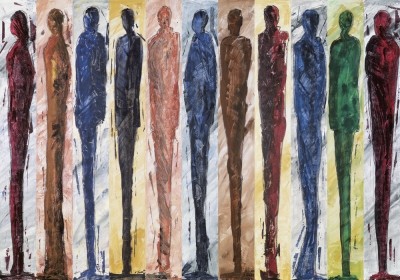 Andreas Fritsch, Crowd Eleven II (Sihouetten, Personen, Menschen, lang, dünn, schlank, gestreckt, Reihe, Enge, Figurativ, Wohnzimmer, Treppenhaus, Büro, Business, Malerei, bunt)