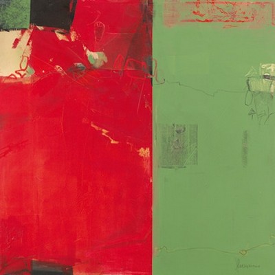 Francesco Cusumano, Dolce met II (Abstrakt, Abstrakte Malerei, zeitgenössisch, modern, Farbfelder, geometrische Formen Wunschgröße, Wohnzimmer, Treppenhaus, Büro, rot/grün)