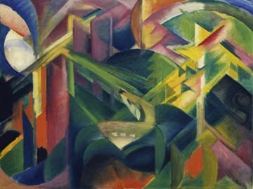 Franz Marc, Reh im Klostergarten (Malerei, Expressionismus, Garten, Reh, Schutz, Versteck,  Tier,  klassische Moderne, Wohnzimmer, Arztpraxis, Treppenhaus, Schlafzimmer, bunt)