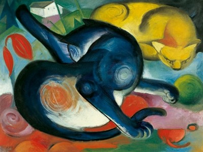 Franz Marc, Zwei Katzen, blau und gelb (Malerei, Expressionismus, Katzen,  schlafende Katze, Katzenwäsche, klassische Moderne, Wohnzimmer, Schlafzimmer, Arztpraxis Treppenhaus, bunt)