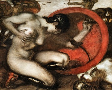 Franz von Stuck, Die verwundete Amazone (Amazone, Kämpferin, Schild, Kampf, Kentaurus, nackt, Akt, Mythologie, Symbolismus, Wohnzimmer, Klassiker, Wunschgröße, Malerei, bunt)